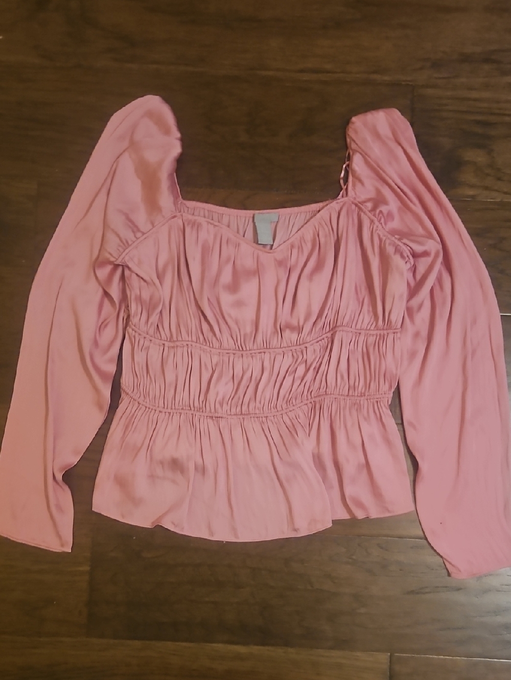 H&M Pink Ruched Scoop-Neck Long Sleeve Blouse
